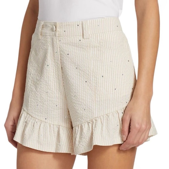 cinq a sept Pants - Cinq à Sept Seersucker Cream Peplum Ruffle Shorts